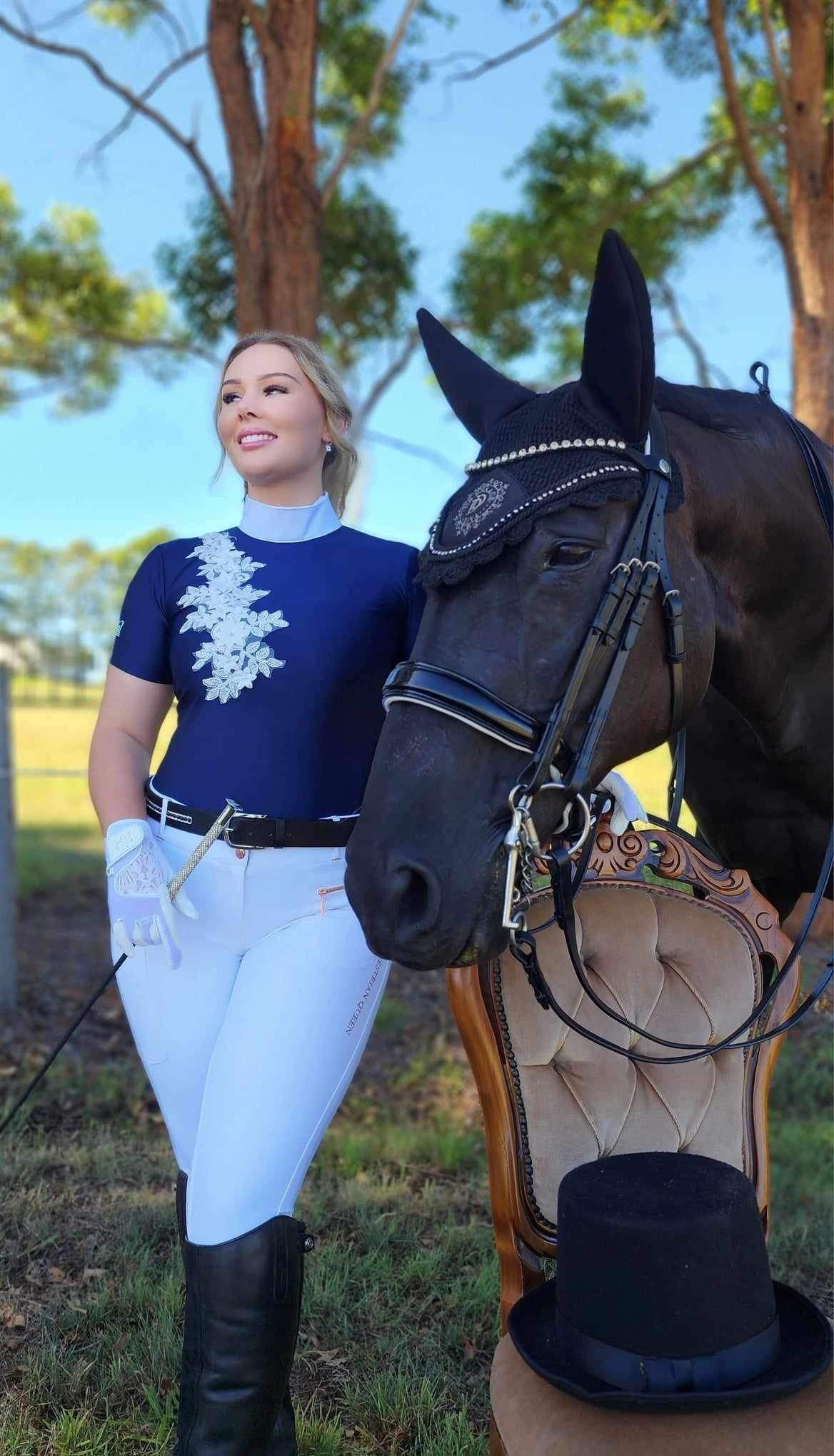 SHORT Sleeve Competition Shirt in NAVY with WHITE LACE  Applique “Bonnie navy “